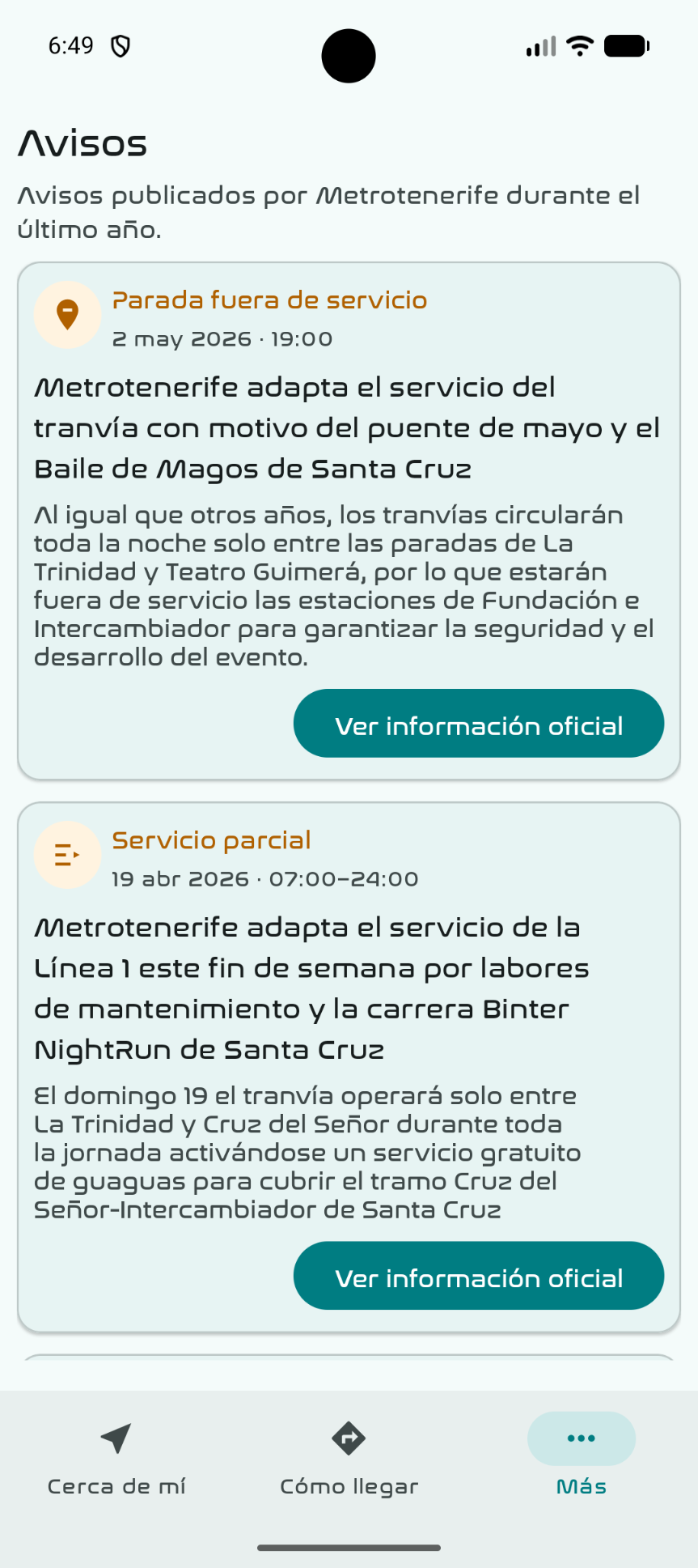 Pantalla Más de Mi Tranvía TF